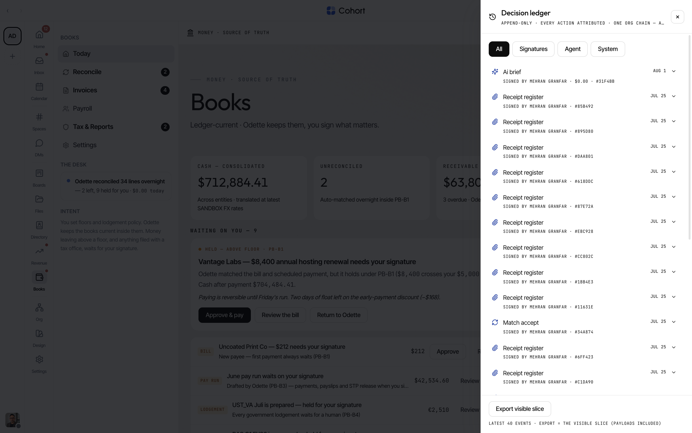 The decision ledger panel with category filters and attributed rows