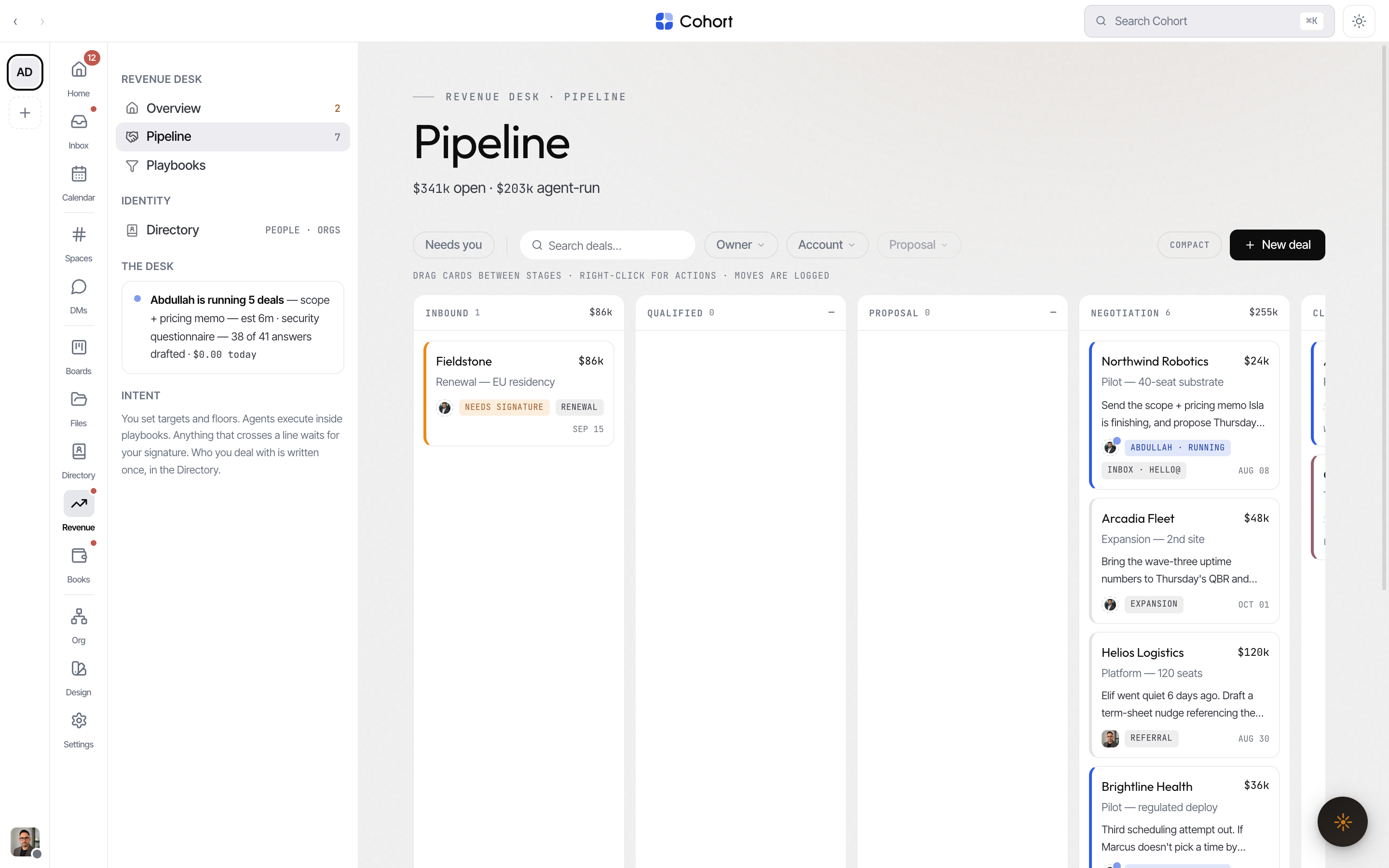 The five-stage pipeline board with deal cards and badges