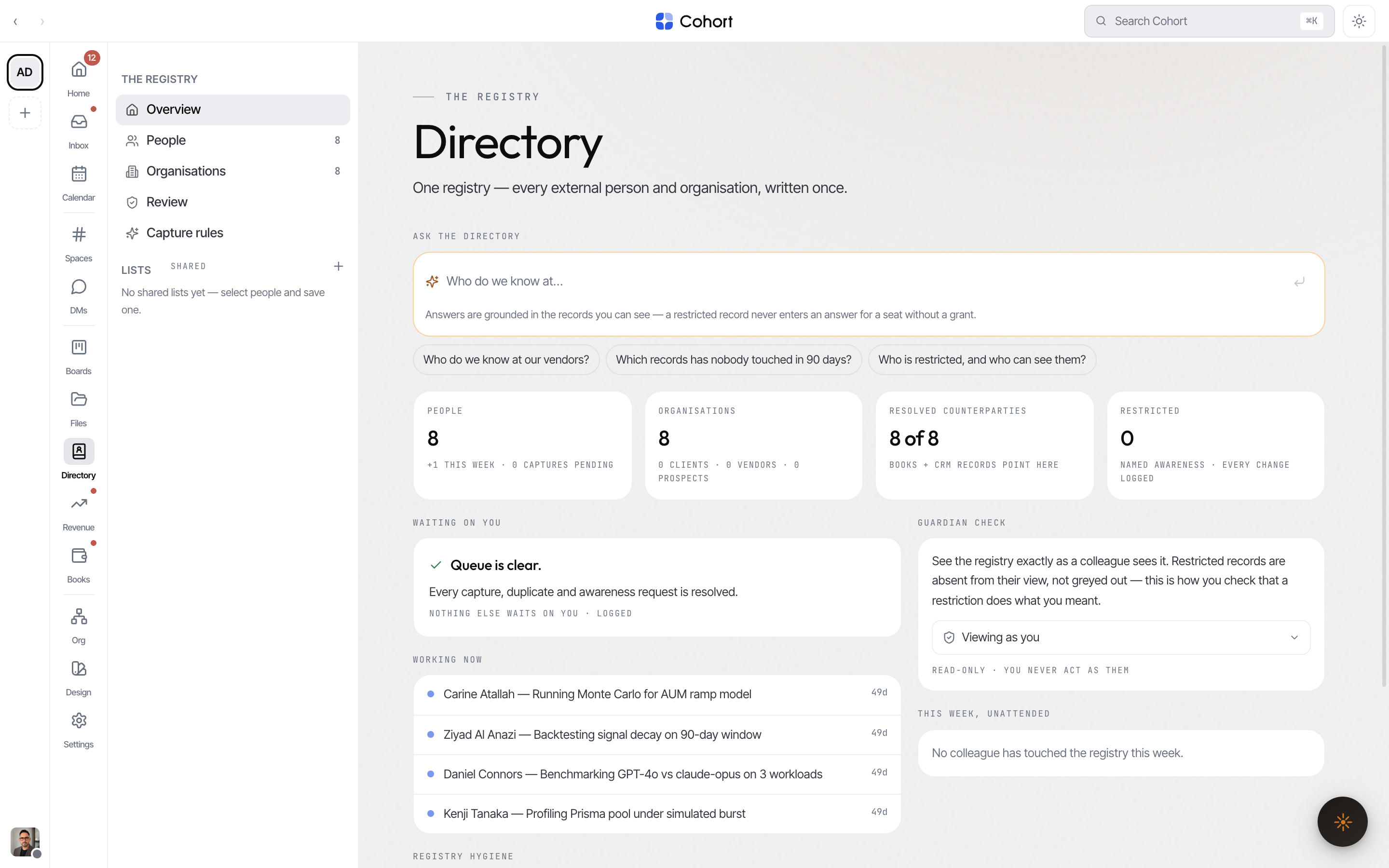 The Directory overview with the review queue card, steward line, and registry tiles