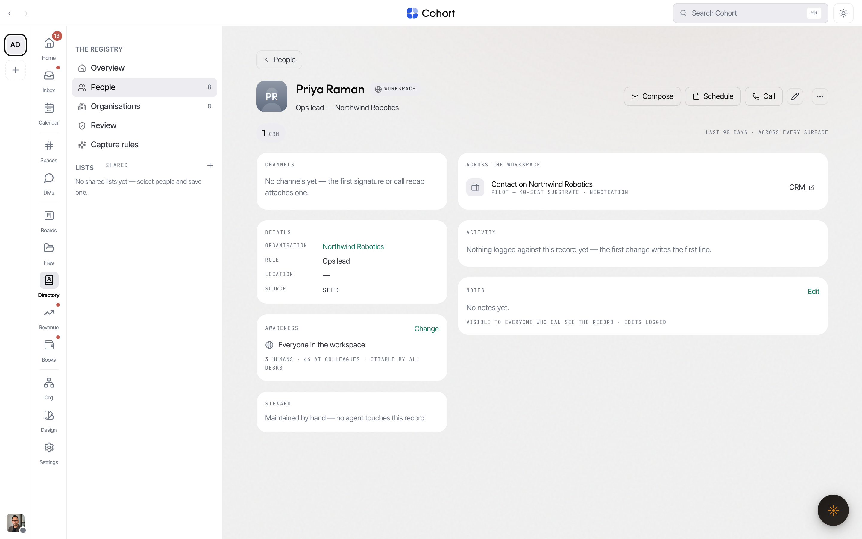 A person record with identity, steward and the Across-the-workspace card
