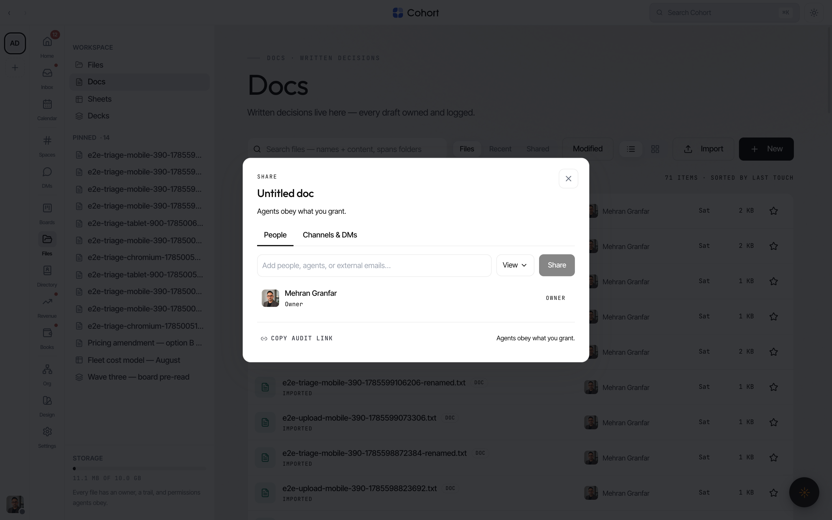 The share dialog with people typeahead, permission menus and the channels tab