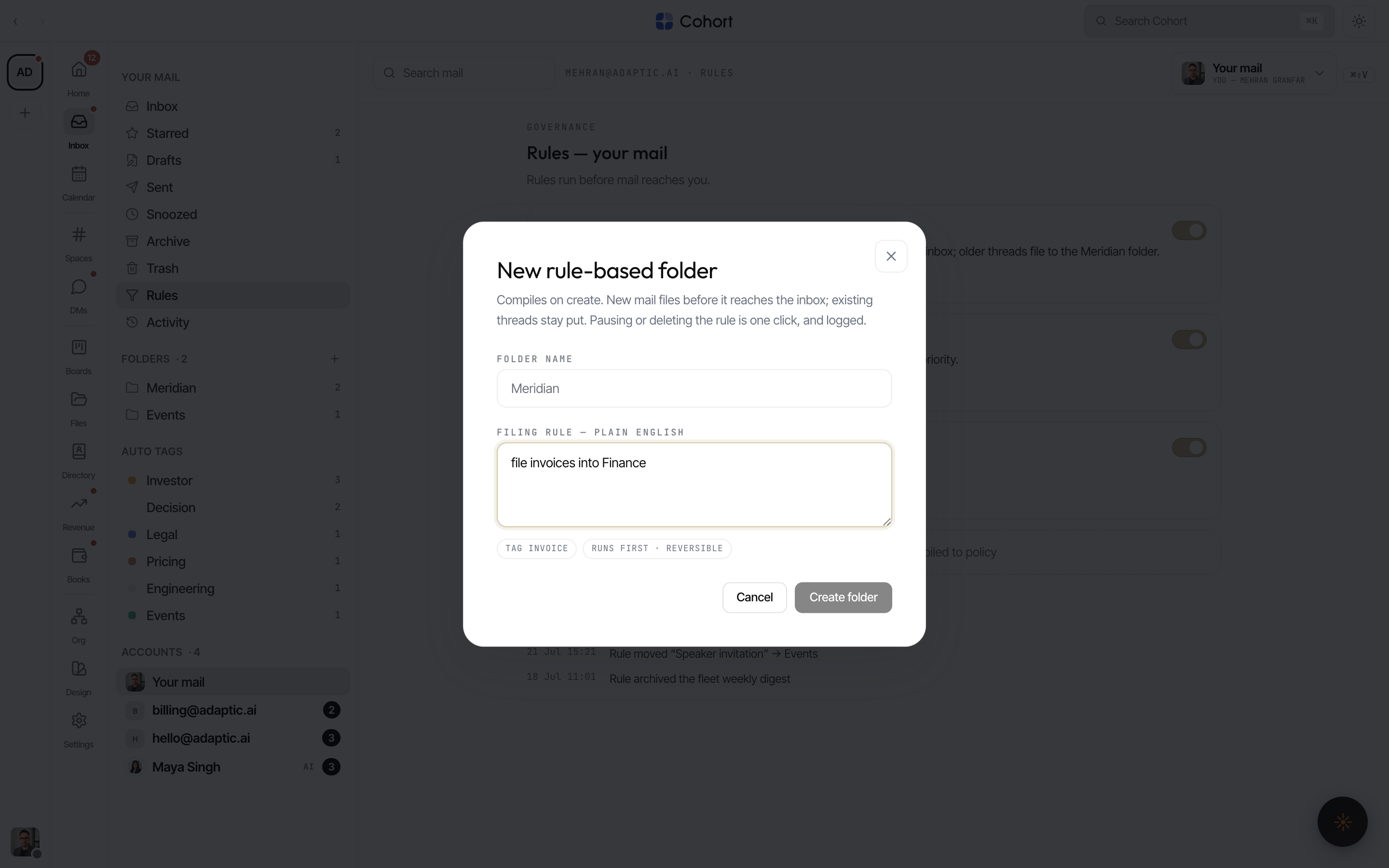 The new-rule dialog with a plain-English instruction and the live compiled-policy preview underneath