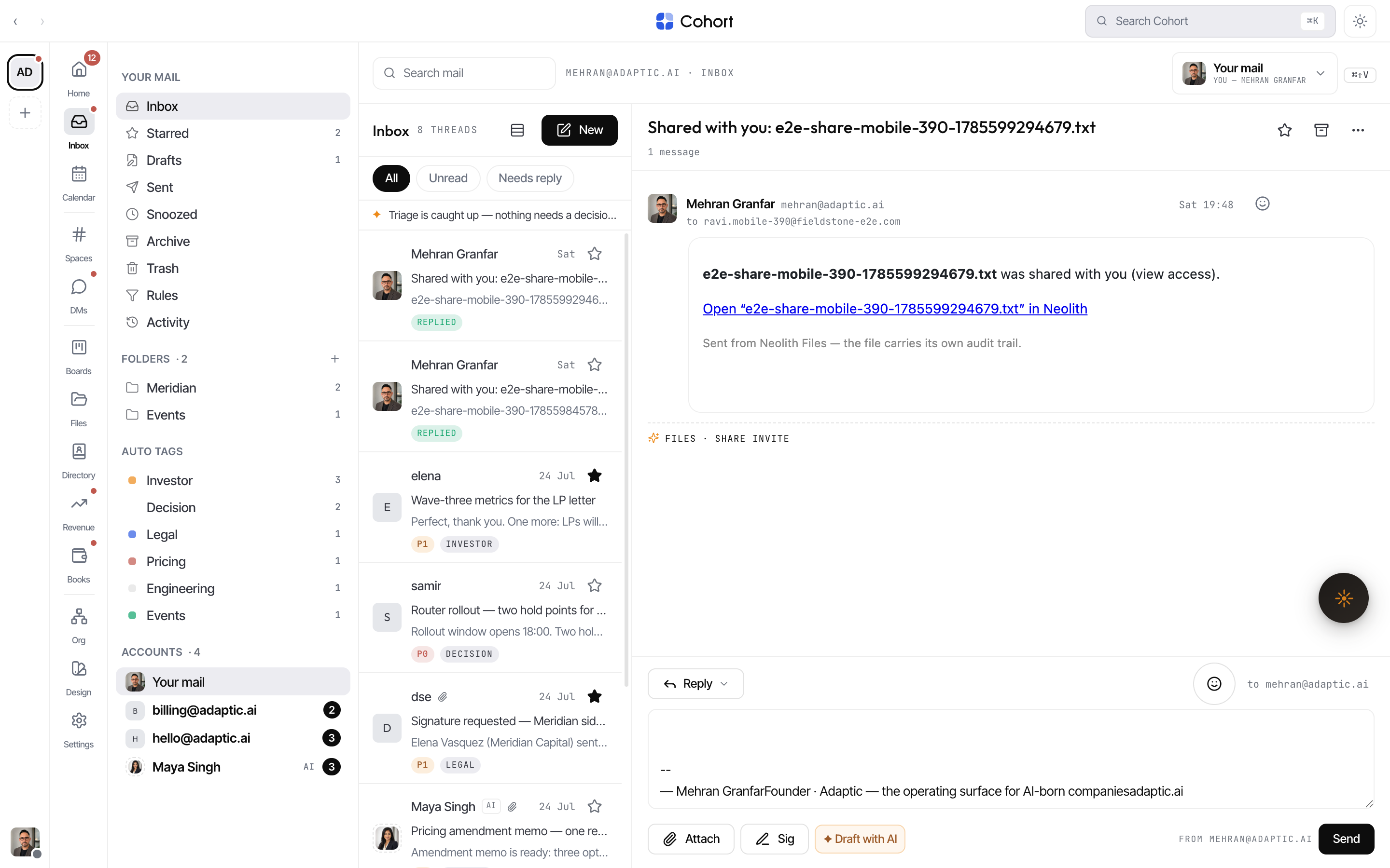 The Inbox on desktop: folder rail, thread list with priority chips, and the reading pane with the docked reply composer