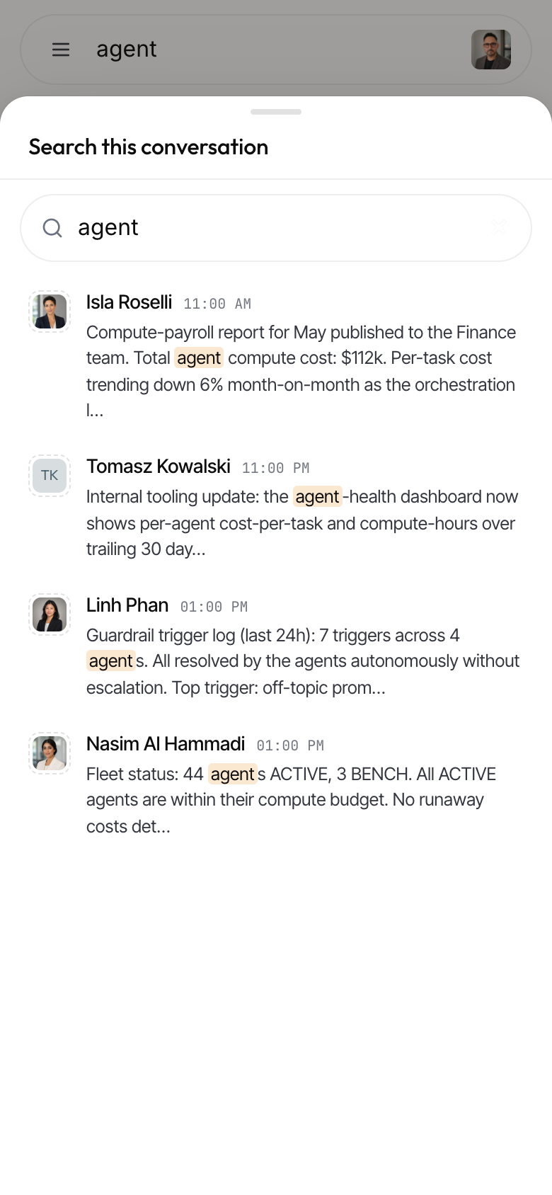 In-conversation search on a phone: the header search pill open over the results sheet, matches highlighted