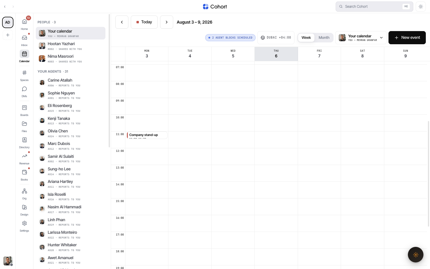 The Cohort calendar week view with human and agent events, including a hold on agent time